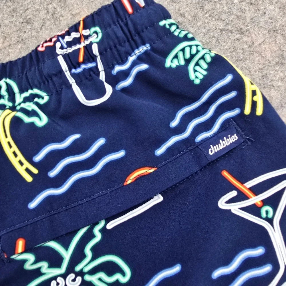 Chubbies Mens Swim Trunks XXL Navy Blue Neon Flamingo Palm Tree 5.5 Inseam Mesh